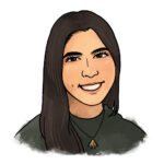 A head-and-shoulders illustration of Hala. She has long, sleek dark hair, medium-toned skin, and is smiling. She is wearing a green sweater and a gold necklace with a cedar tree hanging from it.