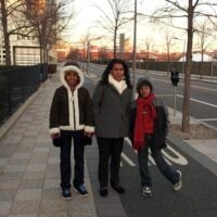 Raiye, my mom, and me standing in front of Simmons Hall.
