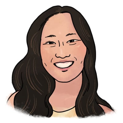 A head-and-shoulders illustration of Taylor. She is smiling with dimples, has long dark wavy hair and light-tomedium-toned skin, and is wearing a yellow tank top.
