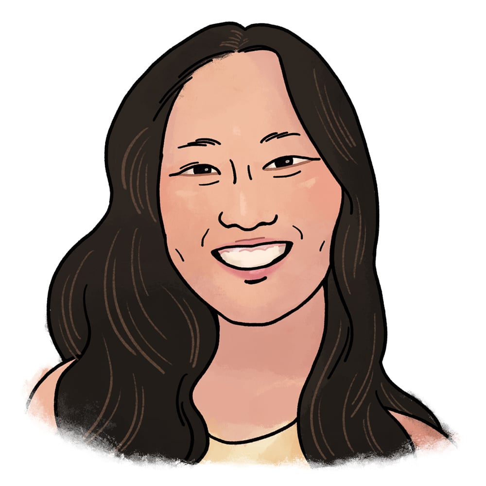 A head-and-shoulders illustration of Taylor. She is smiling with dimples, has long dark wavy hair and light-tomedium-toned skin, and is wearing a yellow tank top.