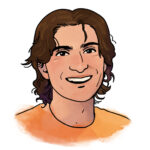 A head-and-shoulders illustration of Victor. He is smiling and has medium-toned skin, dark brown hair down to the nape of his neck, and an orange shirt.