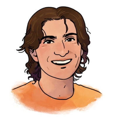A head-and-shoulders illustration of Victor. He is smiling and has medium-toned skin, dark brown hair down to the nape of his neck, and an orange shirt.