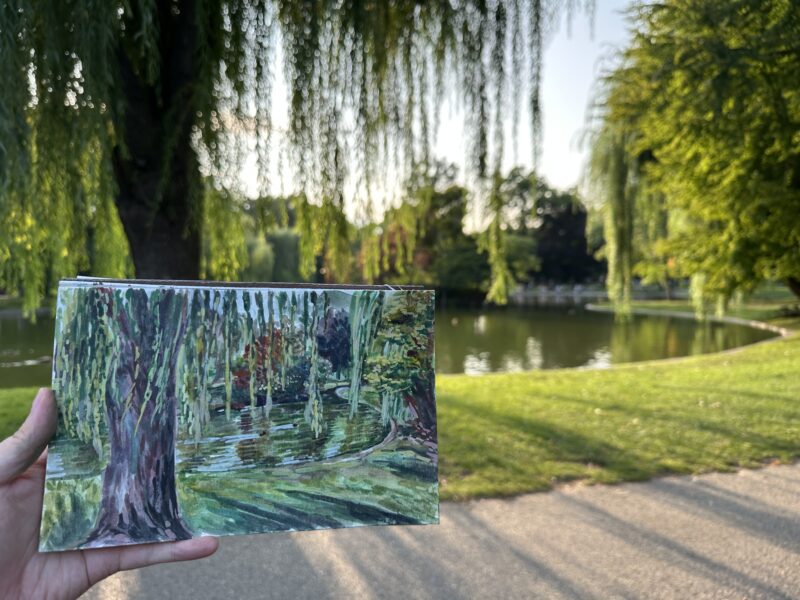 painting of a pong with a willow tree in front of the same scene IRL