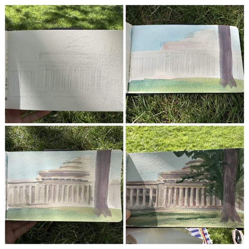 collage of four pictures showing a painting in progress, starting with a sketch, watercolor background, watercolored details, and further details