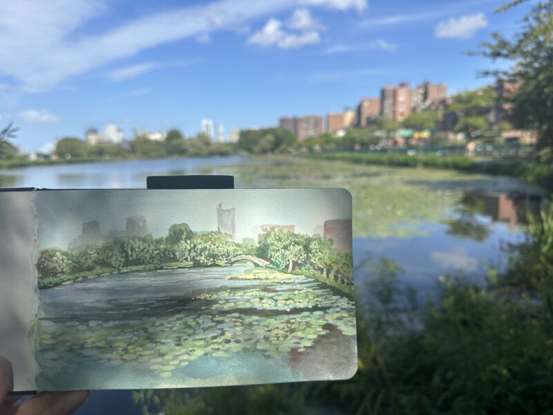 painting of lily pads in a pond in front of same scene IRL