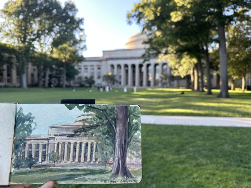 painting of the MIT Dome in front of the Dome IRL