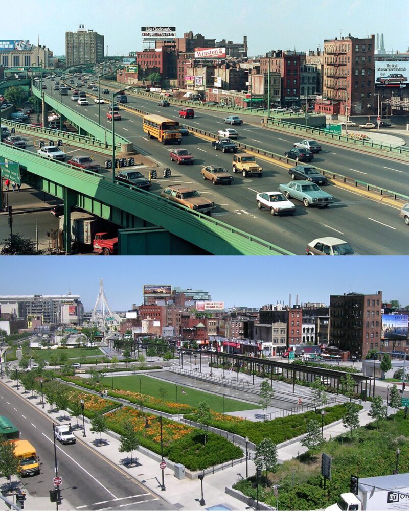 a before and after image of a highway on the top image replaced by a park in the bottom image