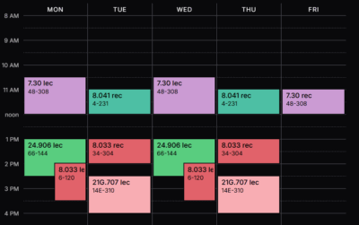 screenshot of weekly class schedule, showing 7.30 lectures on monday and wednesday mornings, 24.906 lectures on monday and wednesday afternoons, 8.033 lectures on monday and wednesday afternoons, 8.041 recitations on tuesday and thursday mornings, and 21g.707 lectures on tuesday and thursday afternoons