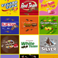 All twelve colored card designs. Candy themed like kit-kat for red, crunch bar for blue,…