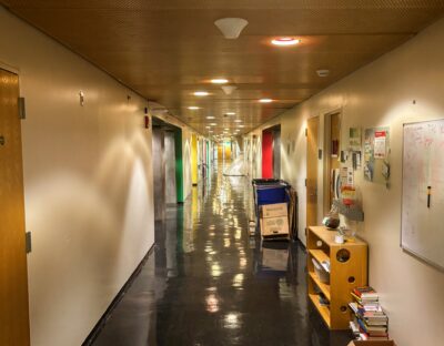 hallway illuminated by warm lights scattered across the ceiling
