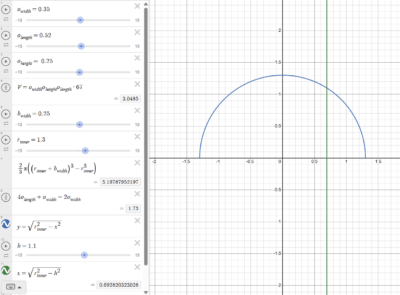 Desmos screenshot showing a semicircle and several equations controlling heights