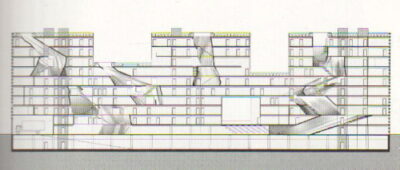cross-sectional floor plan of simmons, depicting large holes interrupting various floors and many internal lounges with slanted walls that penetrate multiple floors