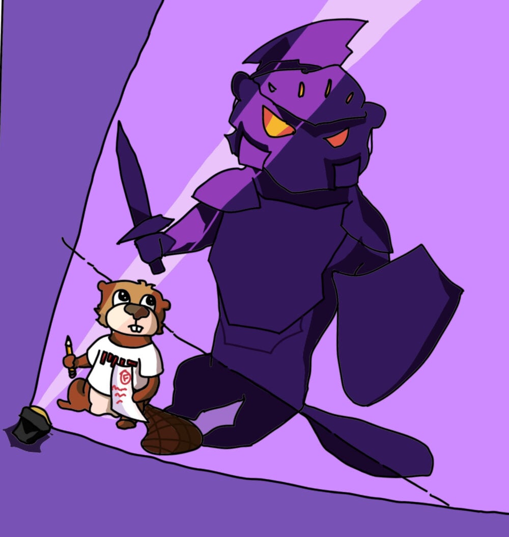 Giant Tim in purple armor behind normal tim