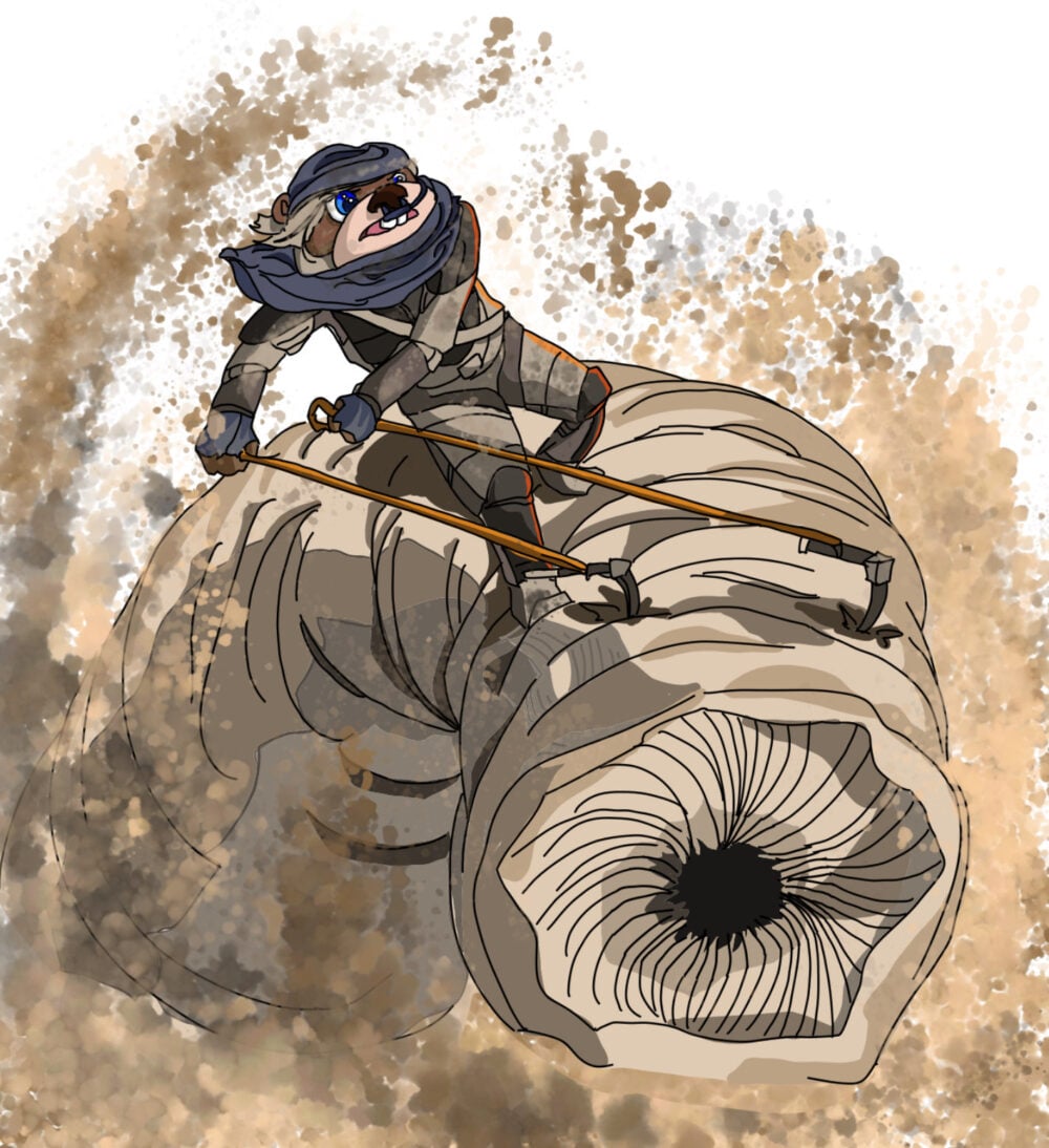 Tim as paul from dune riding a sandworm