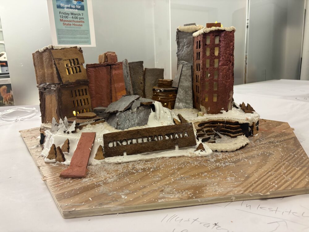 A structure made of gingerbread and icing to model the Stata building.