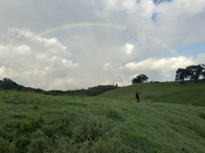 Courtney standing in a green pasture with hills behind her and a rainbow in the sky.