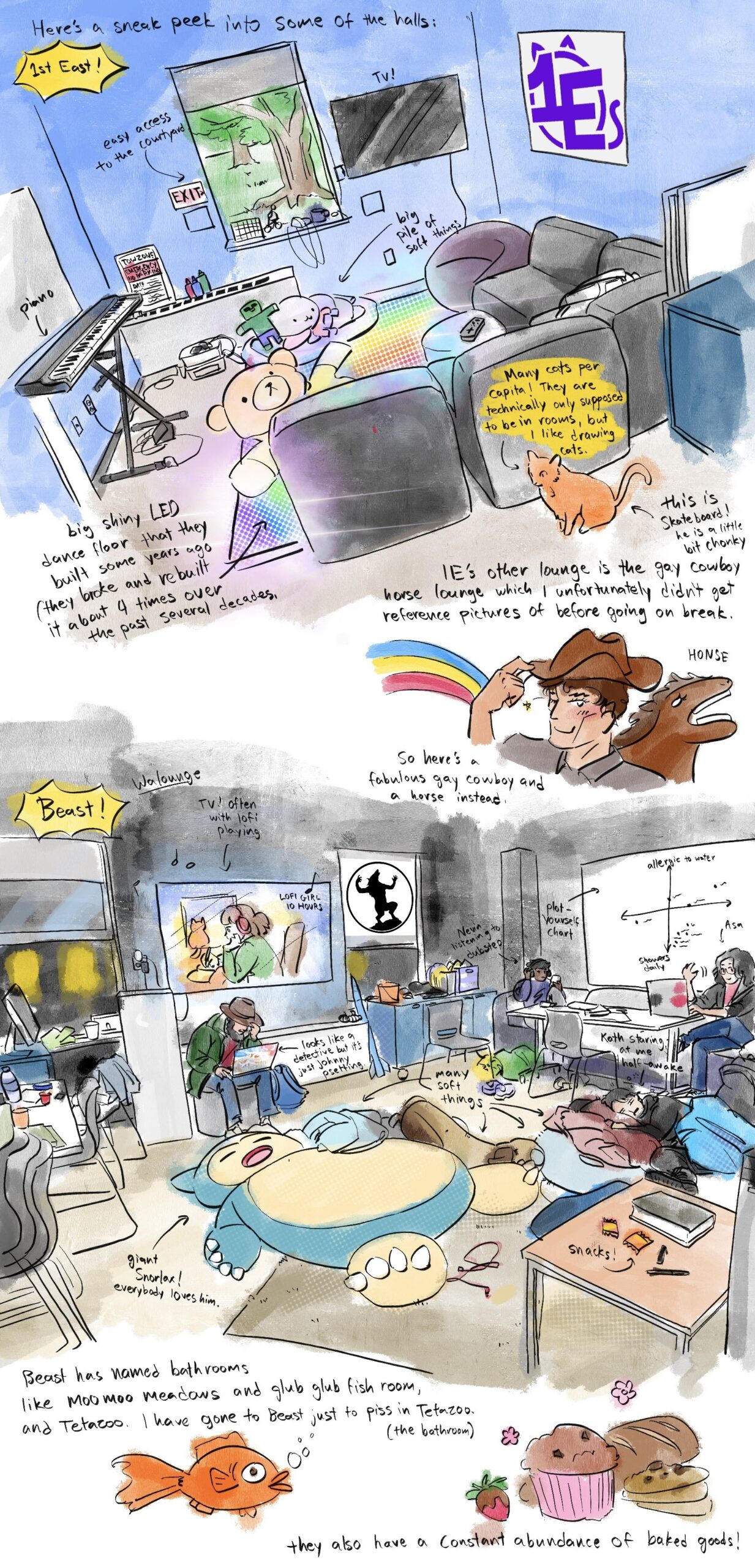 Here's a sneak peek into some of the halls. 1E has a big shiny LED dance floor that has been broken and rebuilt about 4 times over the past several decades. 2E (Beast) has a giant snorlax plushie and named bathrooms like moomoo meadows and glubglub fish room. They also have a constant abundance of baked goods.