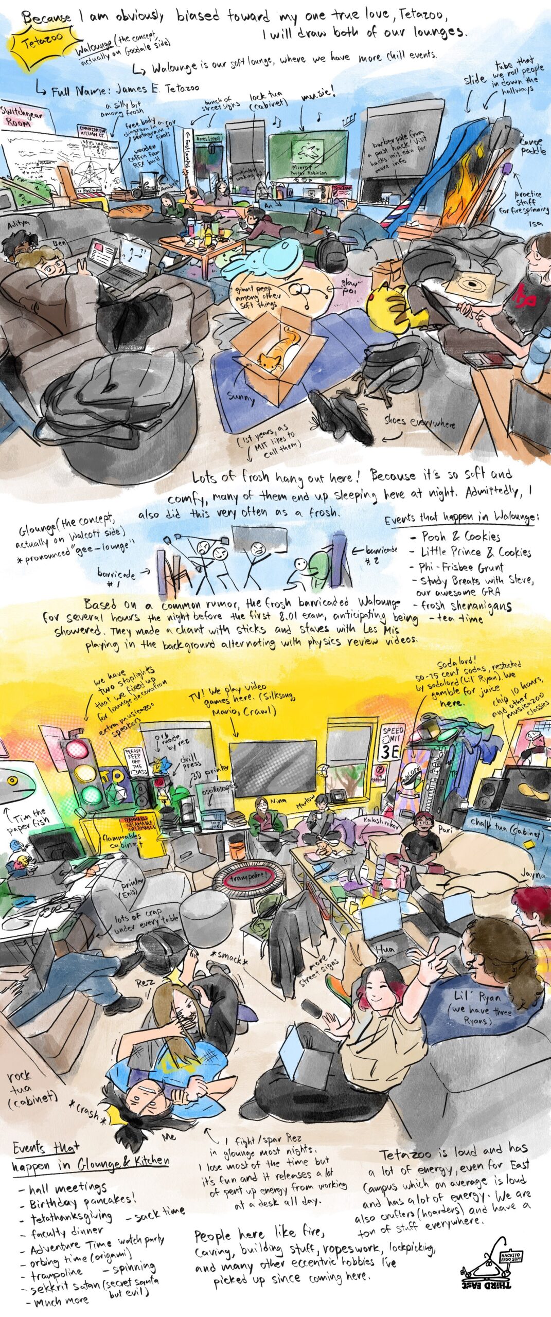 I am obviously biased towards my one true love, Tetazoo, so I drew both our lounges. Lots of frosh hang out in walounge and once barricaded it for 3 hours expecting a frosh shower night that was never going to happen that night. Many large events happen in glounge and in the kitchen. People here like fire, caving, building stuff, ropes, lockpicking, and many other eccentric hobbies that i have picked up since foming here. Tetazoo is loud and very high energy. We're also a whole bunch of hoarders if this was not obvious from the pictures already.