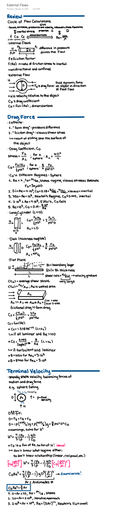 Written digital notes for a fluid mechanics class, written in vibrant colors on a white background.