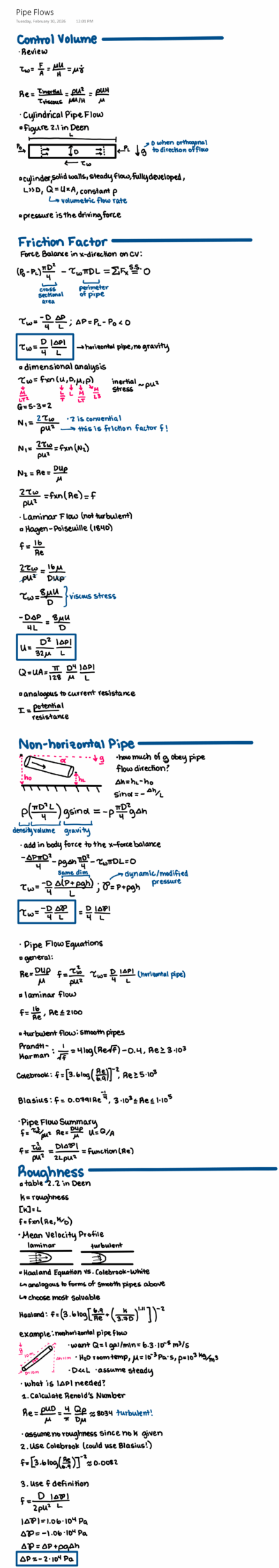 Written digital notes for a fluid mechanics class, written in vibrant colors on a white background.