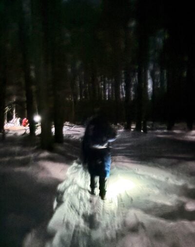 shadowy forest at night covered in snow, with a narrow hiking trail illuminated tenuously by headlights and various people ahead