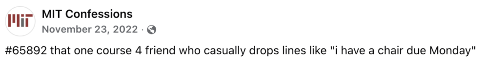 a screenshot that says "course 4 students be like: I got a chair due tomorrow"