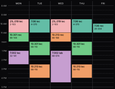 Weekly schedule with colored blocks showing lectures, labs, meetings, and desk shifts from 8 AM to 9 PM, Monday to Friday, organized by day and time slot on a black grid.
