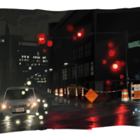 digital drawing of intersection with cars and rainy road