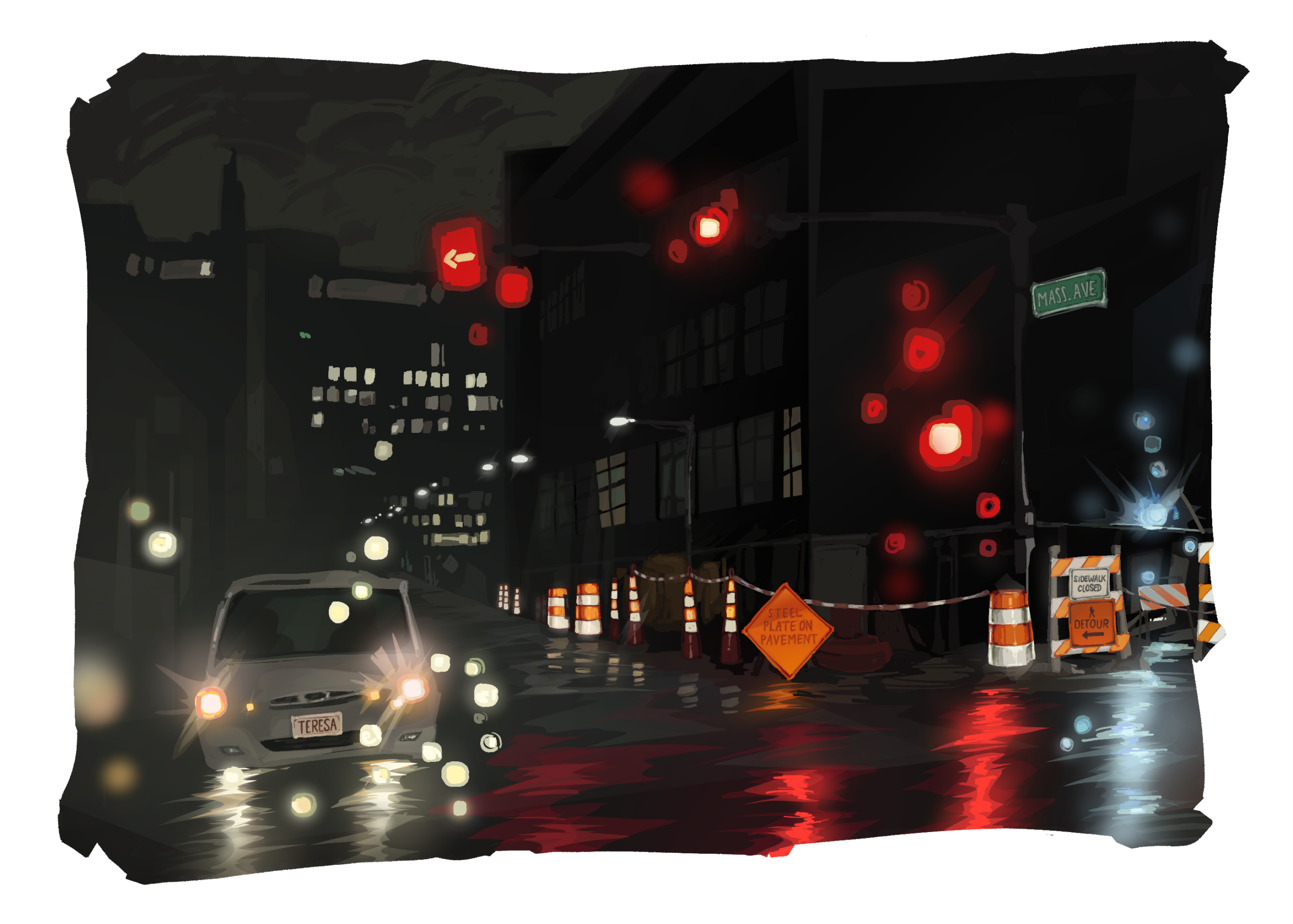 digital drawing of intersection with cars and rainy road
