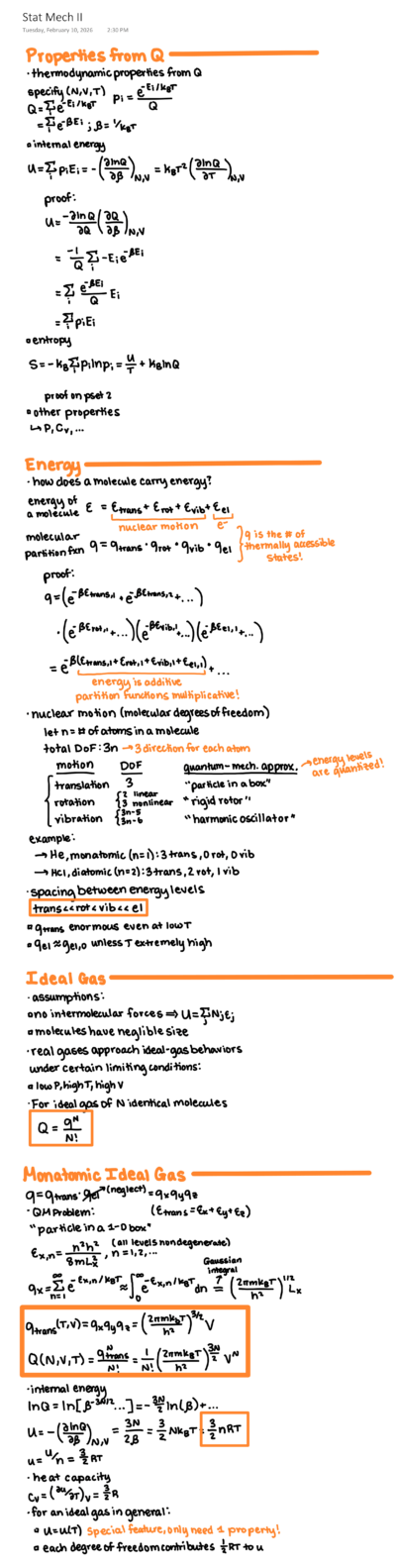 Written digital notes for a thermodynamics class, written in vibrant colors on a white background.