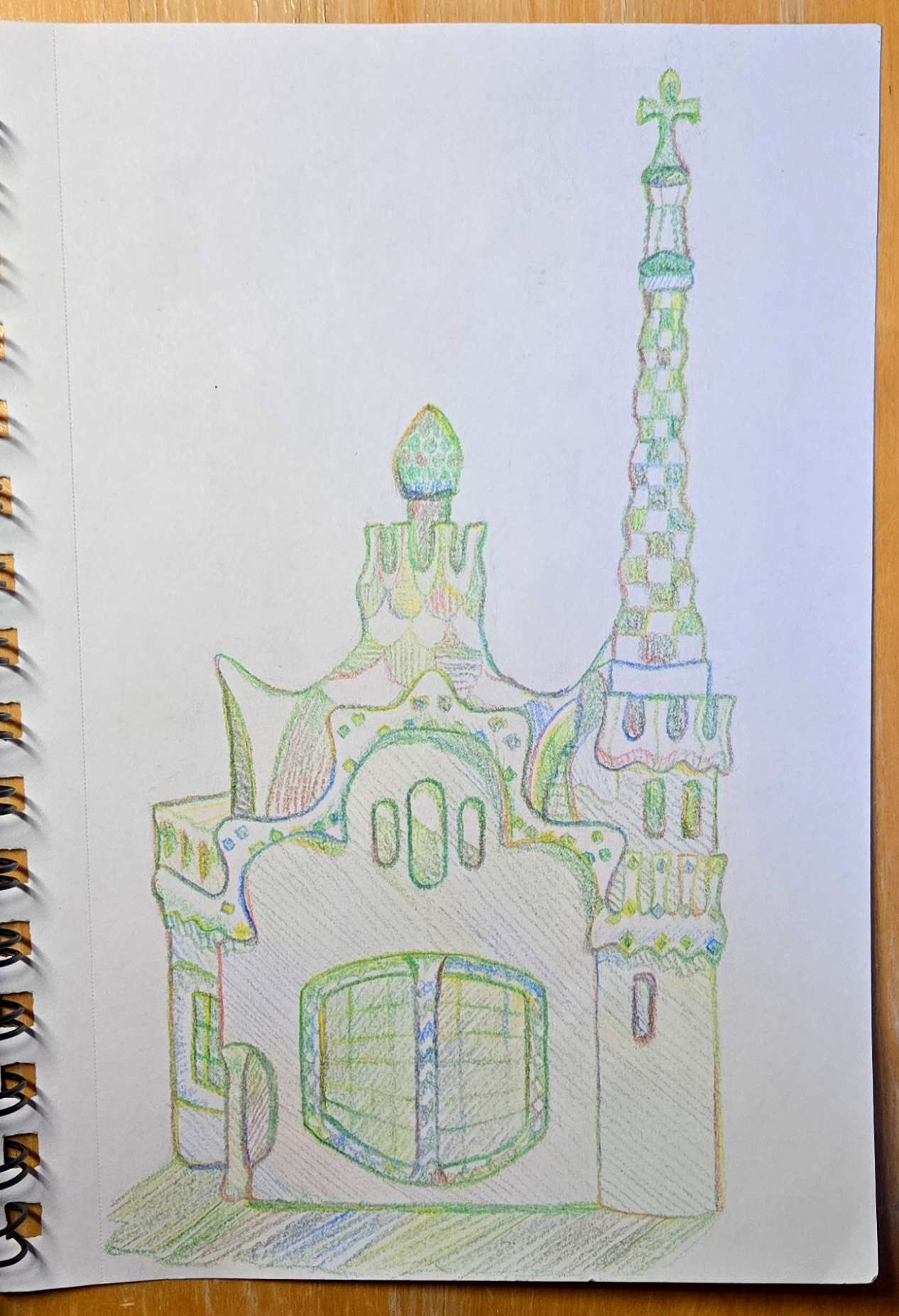 rainbow color pencil drawing of a parc guell house