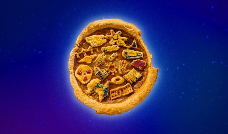 A coffee custard pie with visual representations of all majors (courses) at MIT made out of crust.