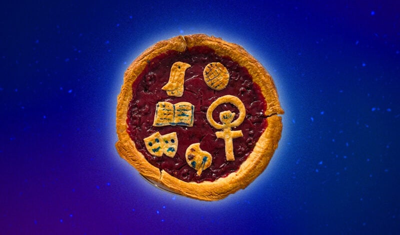 A cherry pie with visual representation of all the humanities, arts, and social sciences majors (courses) made out of crust.
