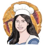 A head-and-shoulders illustrated portrait of Ellie in a chef toque and in front of a pie.