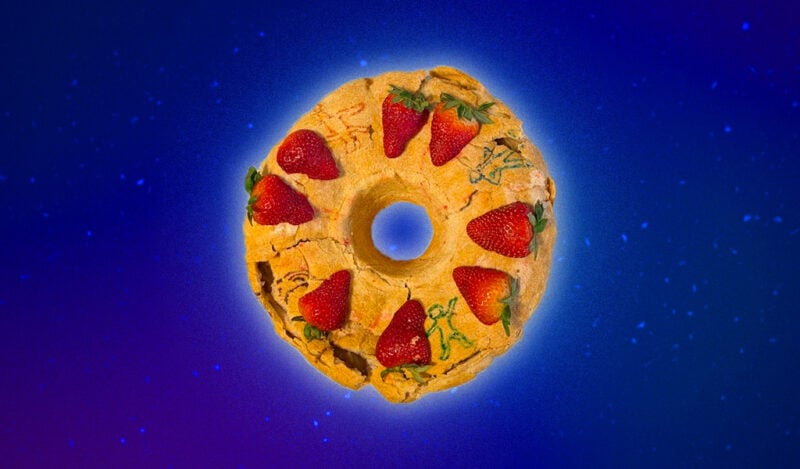 A Bundt cake with strawberries representing the Tech Squares club and drawings of people dancing in icing.
