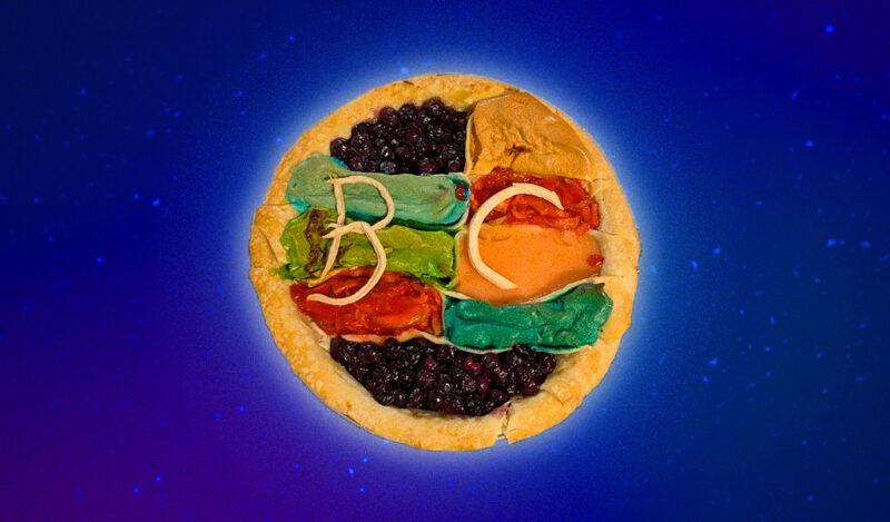 A pie with nine different fillings and the letters BC on top