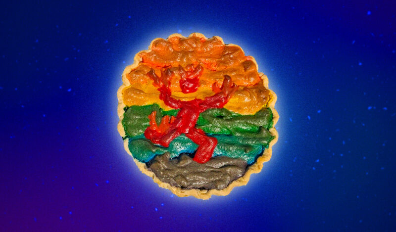 A colorful pie with East Campus's stickman logo in red on top
