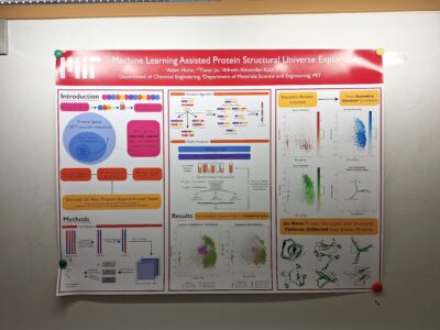 Academic poster titled "Machine Learning Assisted Protein Structural Universe Exploration" from MIT. It contains colorful charts, graphs, and diagrams illustrating methods, results, and protein structure analysis. The tone is scientific and educational, with a focus on data visualization.