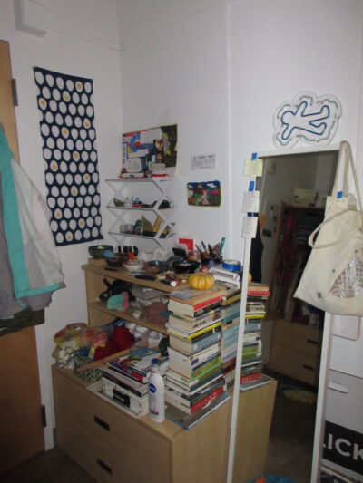 a shelf with assorted knicknacks