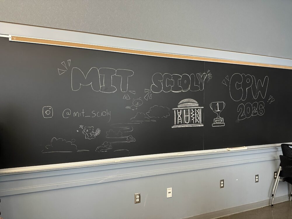 chalkboard decorated with science olympiad logo, beavers, etc.