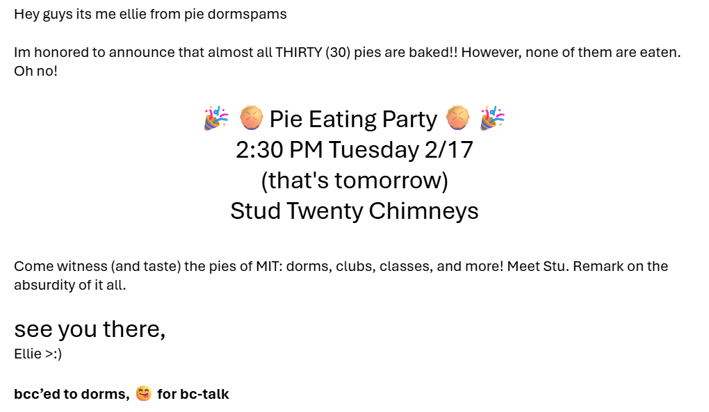 dormspam advertising pie party