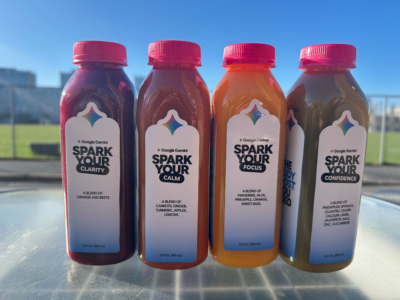 four juices: dark red, reddish, orange, green