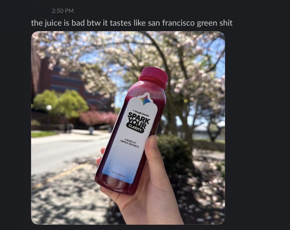a dark red bottle of juice labelled "beets and oranges"
