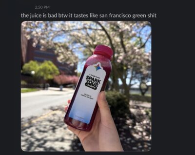 a dark red bottle of juice labelled "beets and oranges"
