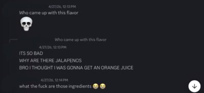 discord conversation: "psa: do not get tricked by the free juice at the google gemini booth it tastes horrible" [image of green juice with pineapples, spinach, cilantro, celery, calcium, limes, jalapeños, kale, zinc, cucumbers] "WHO CAME UP WITH THIS FLAVOR" "ITS SO BAD. WHY ARE THERE JALAPEÑOS. BRO I THOUGHT I WAS GONNA GET AN ORANGE JUICE."