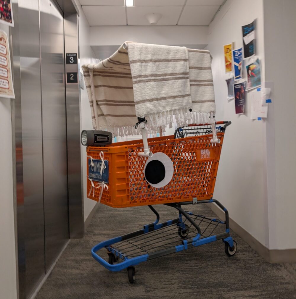 orange shopping cart in a hallway with large eyes on the side, a blanket canopy, a liscense plate, and a large flashlight