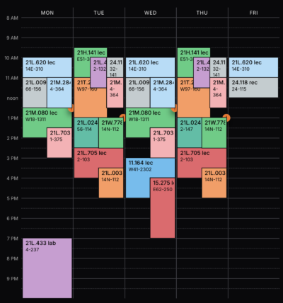 Calendar app showing a busy schedule of class blocks from 9 AM to 10 PM, with many overlapping colored blocks showing conflicting schedules