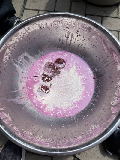 Pink ice cream with marshmallows and jello.