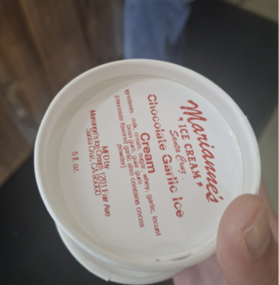 Cup of ice cream labelled "Chocolate garlic ice cream"