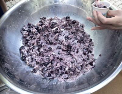 Frozen cherries with purple ice cream